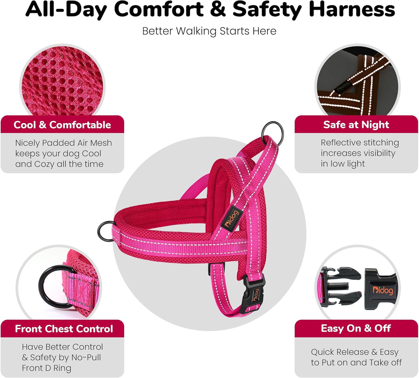 Didog No Pull Dog Harness with Breathable Mesh Padded,Reflective & Quick Fit Light Weight Dog Strap Vest Harness,Easy for Walking Training (XS:Chest 15-18", Mesh-Hot Pink)