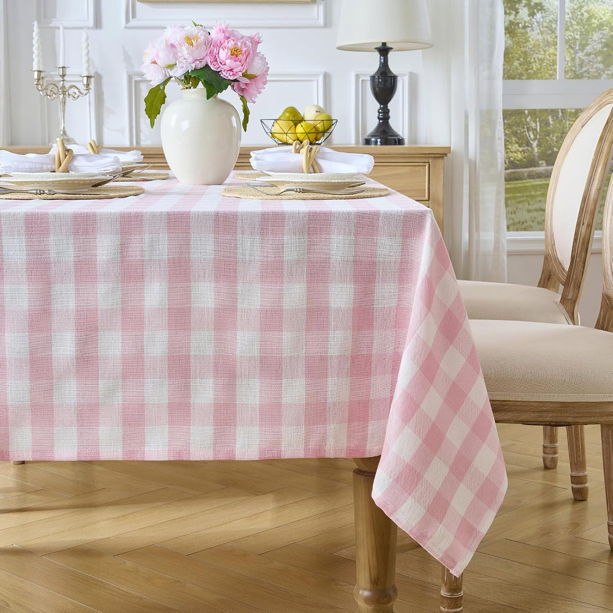 Pink Gingham Tablecloth, 60 x 90 Inch Rectangle Checkered Table Cover