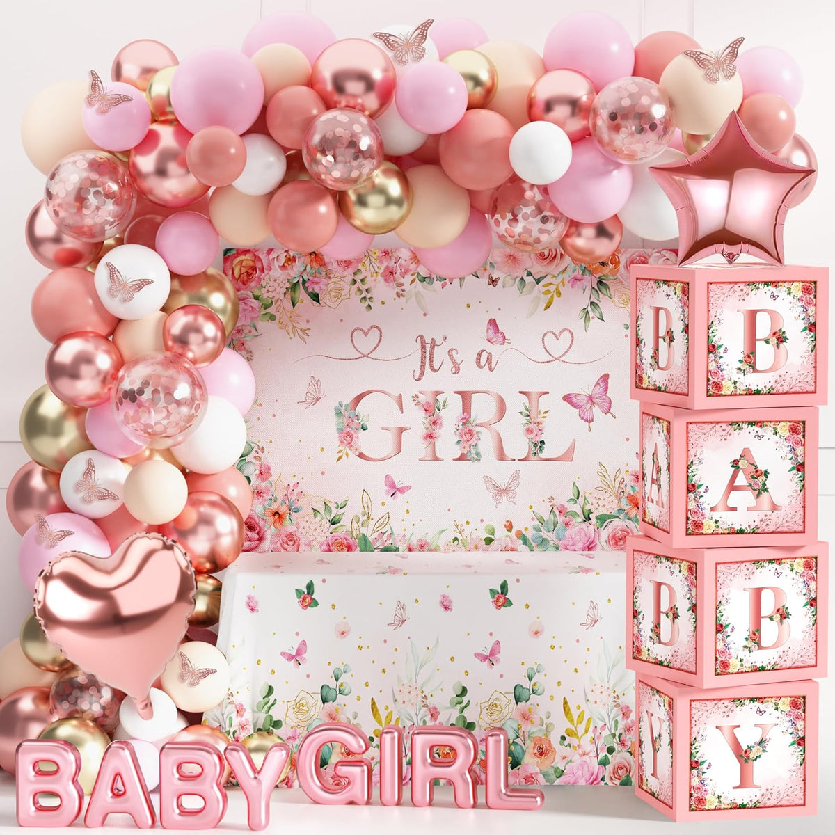 Pink Rose Gold Baby Shower Decorations for Girl, Floral Balloon Arch Set