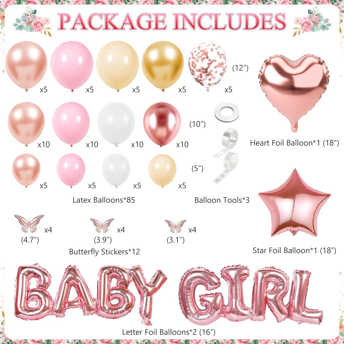 Pink Rose Gold Baby Shower Decorations for Girl, Floral Balloon Arch Set