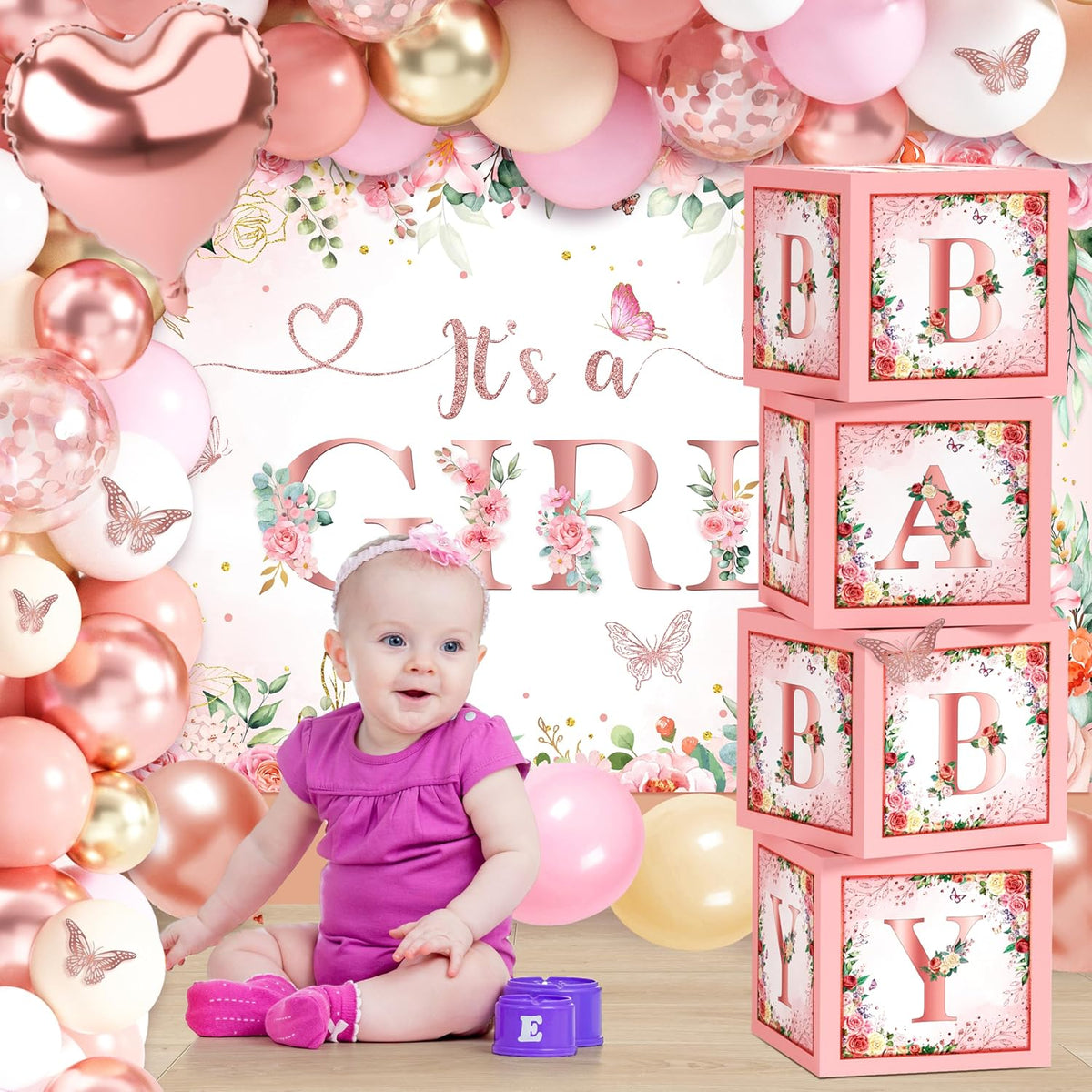 Pink Rose Gold Baby Shower Decorations for Girl, Floral Balloon Arch Set