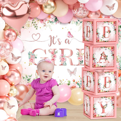 Pink Rose Gold Baby Shower Decorations for Girl, Floral Balloon Arch Set