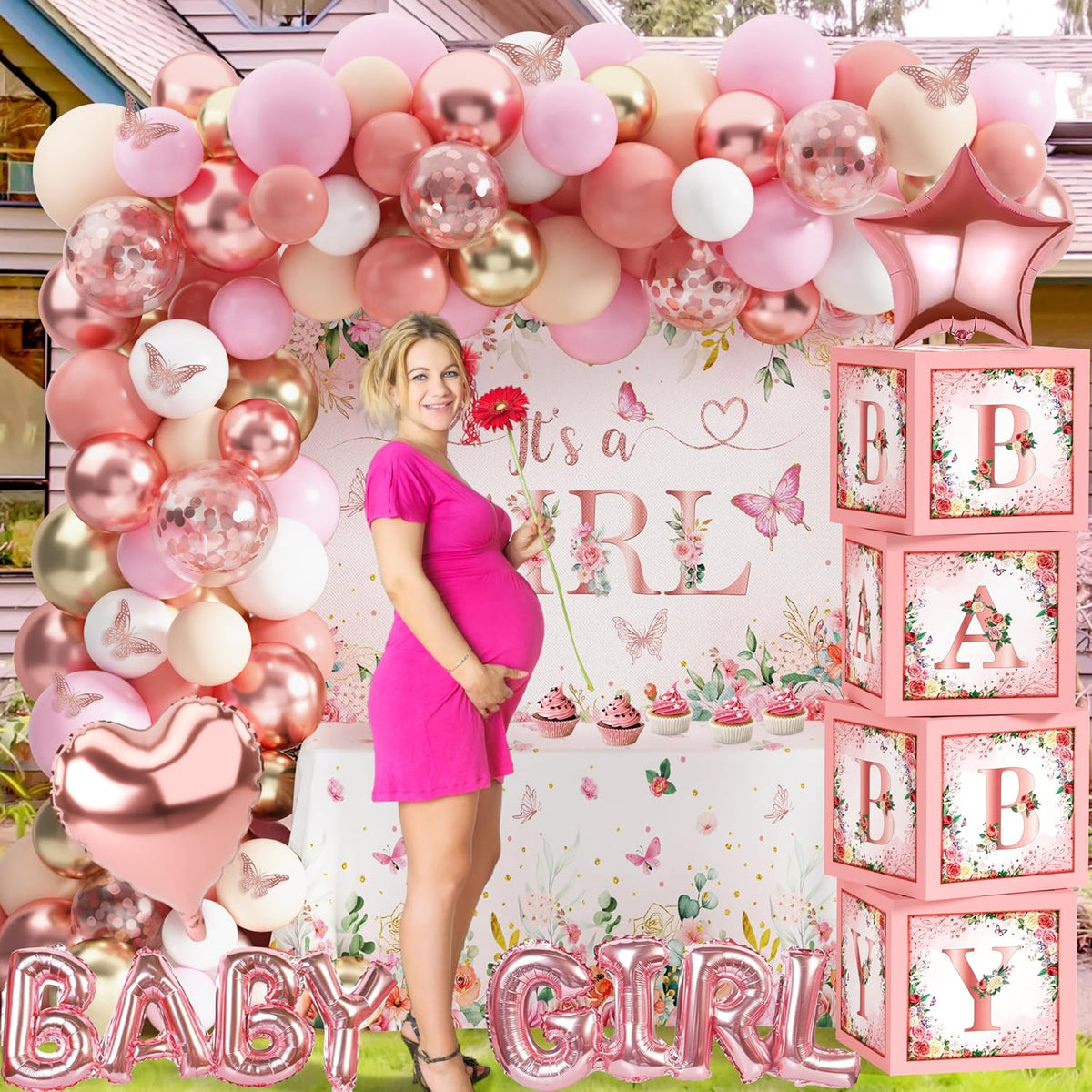 Pink Rose Gold Baby Shower Decorations for Girl, Floral Balloon Arch Set
