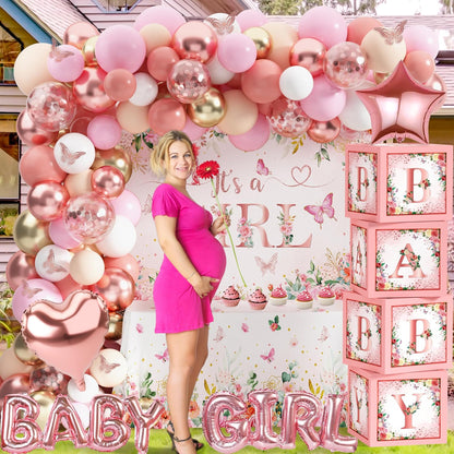 Pink Rose Gold Baby Shower Decorations for Girl, Floral Balloon Arch Set