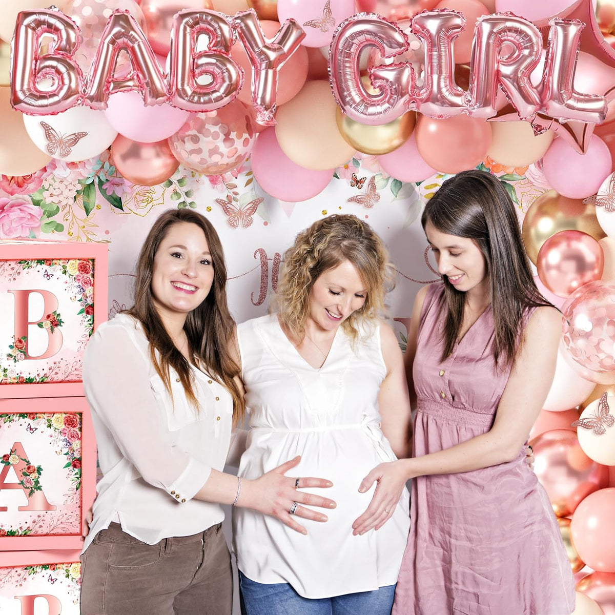 Pink Rose Gold Baby Shower Decorations for Girl, Floral Balloon Arch Set