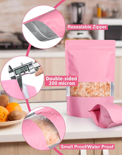 100 Pack Resealable Bags with Matte Window（Pink，4" x 6"）