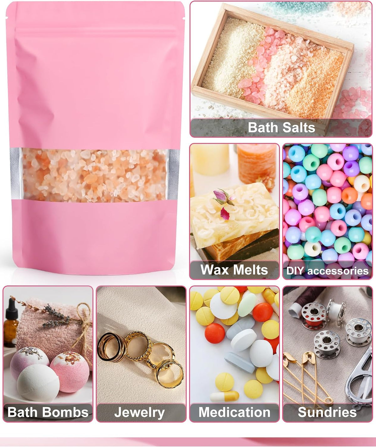 100 Pack Resealable Bags with Matte Window（Pink，4" x 6"）
