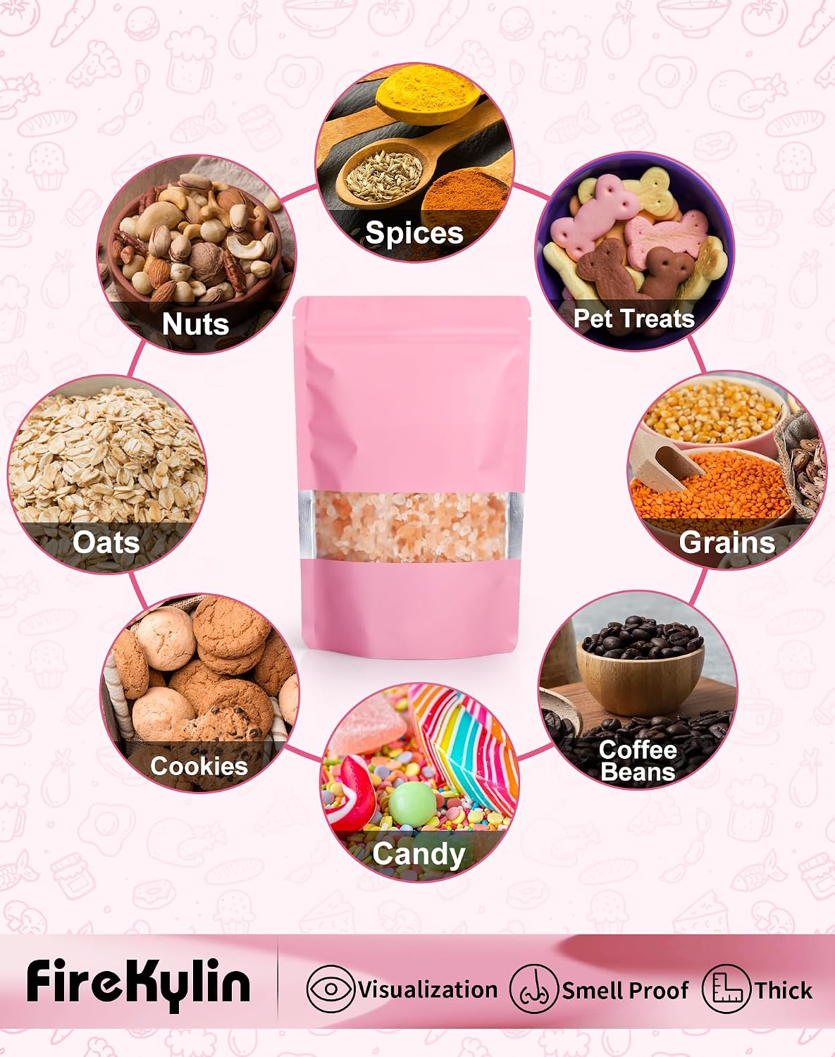 100 Pack Resealable Bags with Matte Window（Pink，4" x 6"）