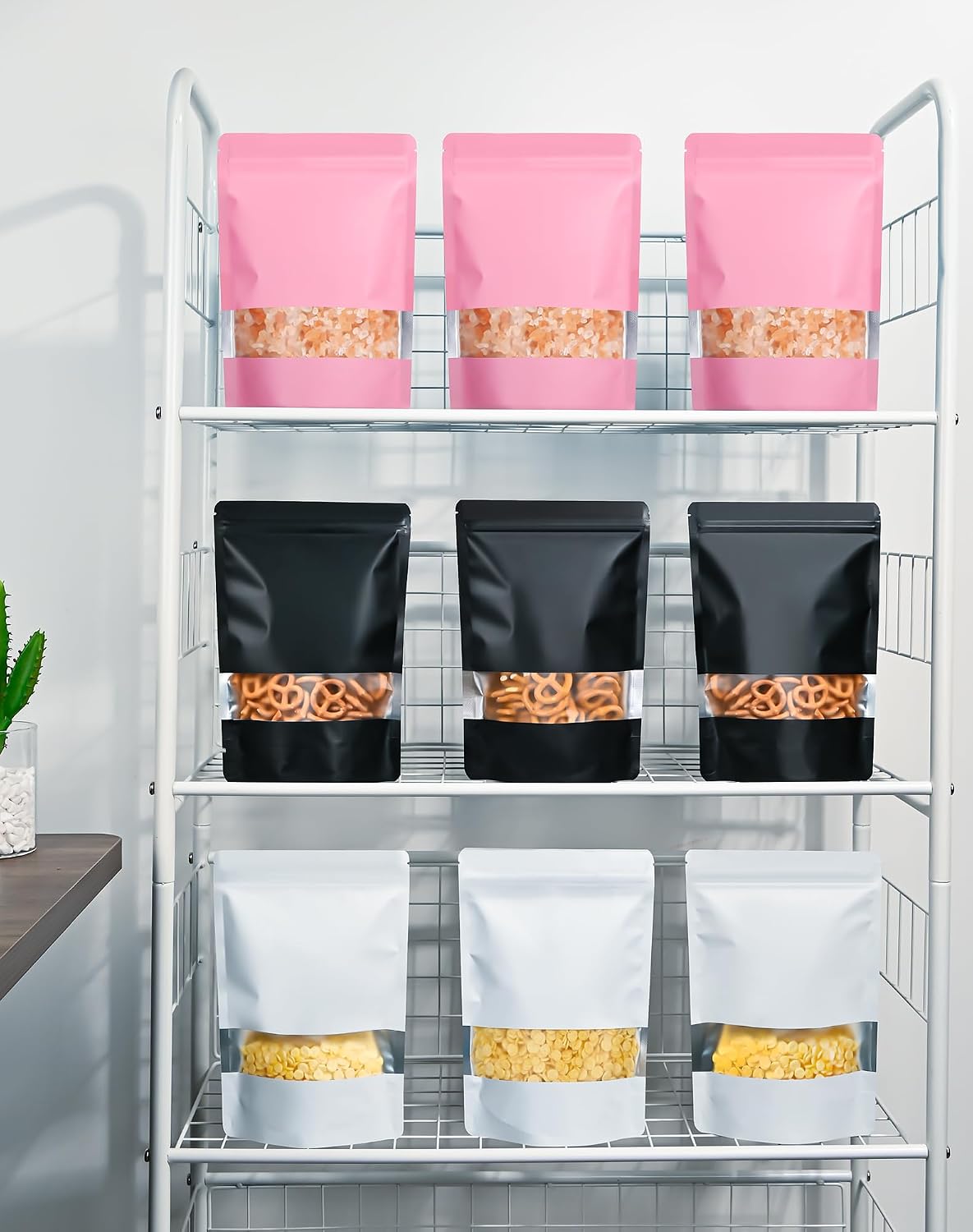 100 Pack Resealable Bags with Matte Window（Pink，4" x 6"）