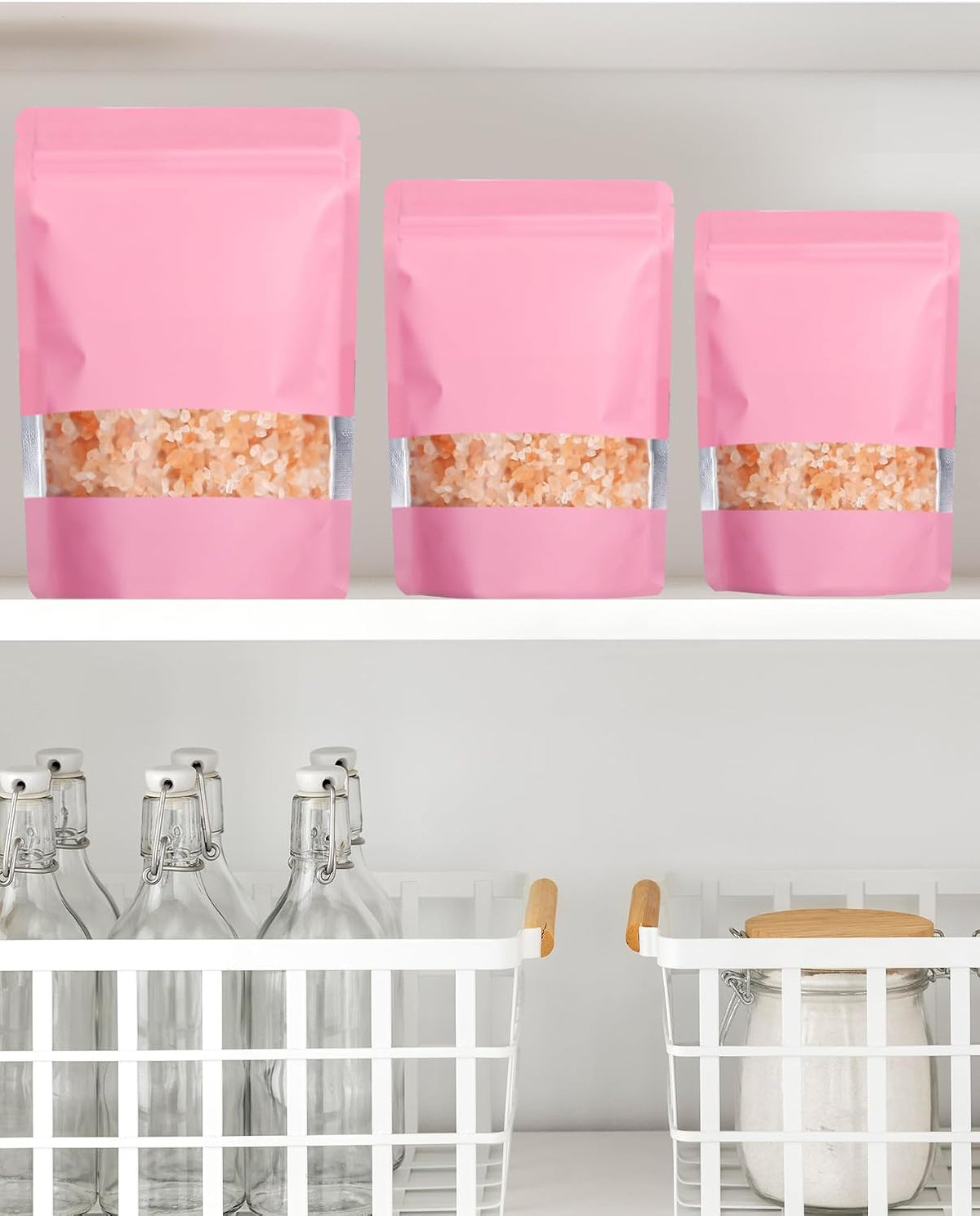 100 Pack Resealable Bags with Matte Window（Pink，4" x 6"）