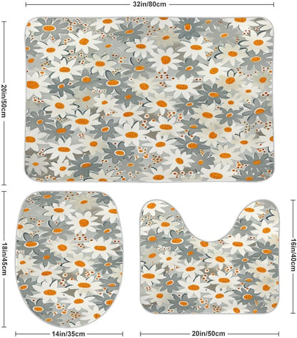 Bathroom Rugs and Mats Set 3 Piece Nonslip Small Daisies in Light Grey and White Bath Rug and U-Shape Contoured Toilet Mat & Toilet Lid Cover Mat Blush Pink Flower Bath Carpet Bath Mats 20"x32"
