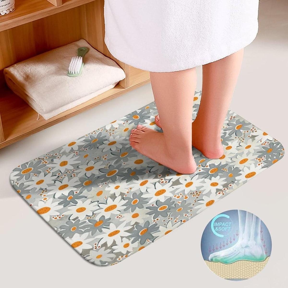 Bathroom Rugs and Mats Set 3 Piece Nonslip Small Daisies in Light Grey and White Bath Rug and U-Shape Contoured Toilet Mat & Toilet Lid Cover Mat Blush Pink Flower Bath Carpet Bath Mats 20"x32"