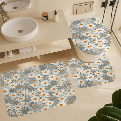 Bathroom Rugs and Mats Set 3 Piece Nonslip Small Daisies in Light Grey and White Bath Rug and U-Shape Contoured Toilet Mat & Toilet Lid Cover Mat Blush Pink Flower Bath Carpet Bath Mats 20"x32"