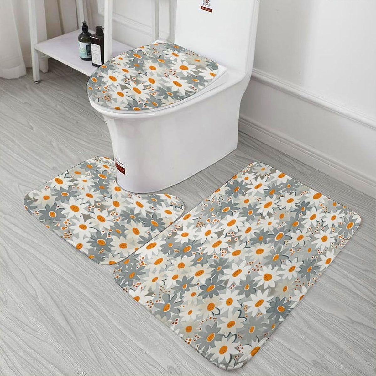 Bathroom Rugs and Mats Set 3 Piece Nonslip Small Daisies in Light Grey and White Bath Rug and U-Shape Contoured Toilet Mat & Toilet Lid Cover Mat Blush Pink Flower Bath Carpet Bath Mats 20"x32"