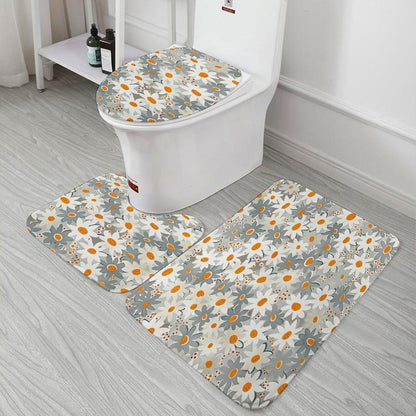 Bathroom Rugs and Mats Set 3 Piece Nonslip Small Daisies in Light Grey and White Bath Rug and U-Shape Contoured Toilet Mat & Toilet Lid Cover Mat Blush Pink Flower Bath Carpet Bath Mats 20"x32"