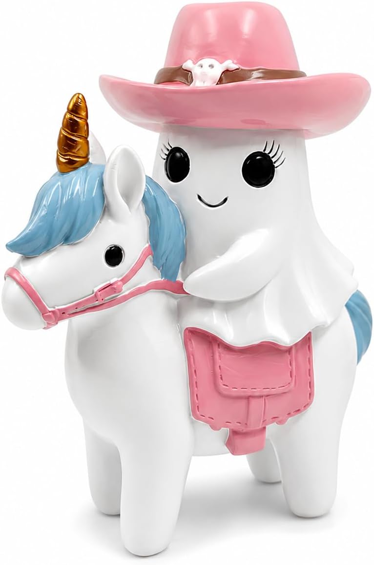 Halloween Ghost Unicorn Figurine, Resin Ghost Riding Unicorn Statue with Pink Hat, Cute Spooky Tabletop Decor for Shelf, Mantel, Tiered Tray, Desk, Home Decorations Pastel Gift (Pink Ghost Rider)