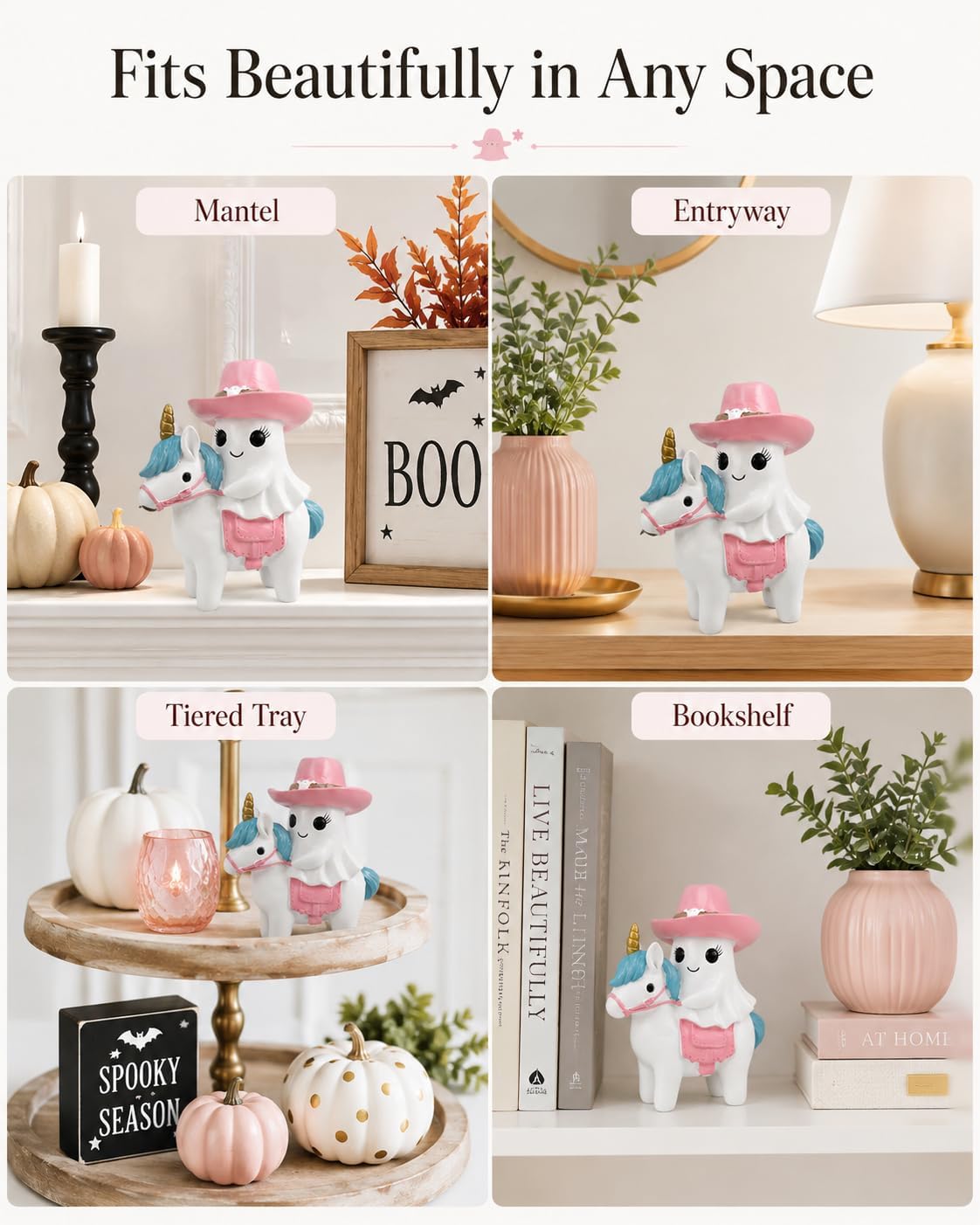 Halloween Ghost Unicorn Figurine, Resin Ghost Riding Unicorn Statue with Pink Hat, Cute Spooky Tabletop Decor for Shelf, Mantel, Tiered Tray, Desk, Home Decorations Pastel Gift (Pink Ghost Rider)