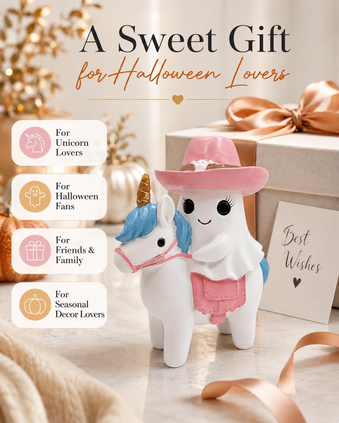 Halloween Ghost Unicorn Figurine, Resin Ghost Riding Unicorn Statue with Pink Hat, Cute Spooky Tabletop Decor for Shelf, Mantel, Tiered Tray, Desk, Home Decorations Pastel Gift (Pink Ghost Rider)