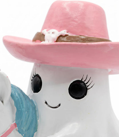 Halloween Ghost Unicorn Figurine, Resin Ghost Riding Unicorn Statue with Pink Hat, Cute Spooky Tabletop Decor for Shelf, Mantel, Tiered Tray, Desk, Home Decorations Pastel Gift (Pink Ghost Rider)