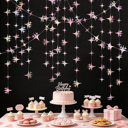 Glitter Iridescent Pink Four-Angle Star Paper Garland Banner 40 Feet Iridescent Pink Twinkle Star Hanging Bunting Banner Backdrop for Wedding Baby Shower Birthday Graduation Disco Party Decorations