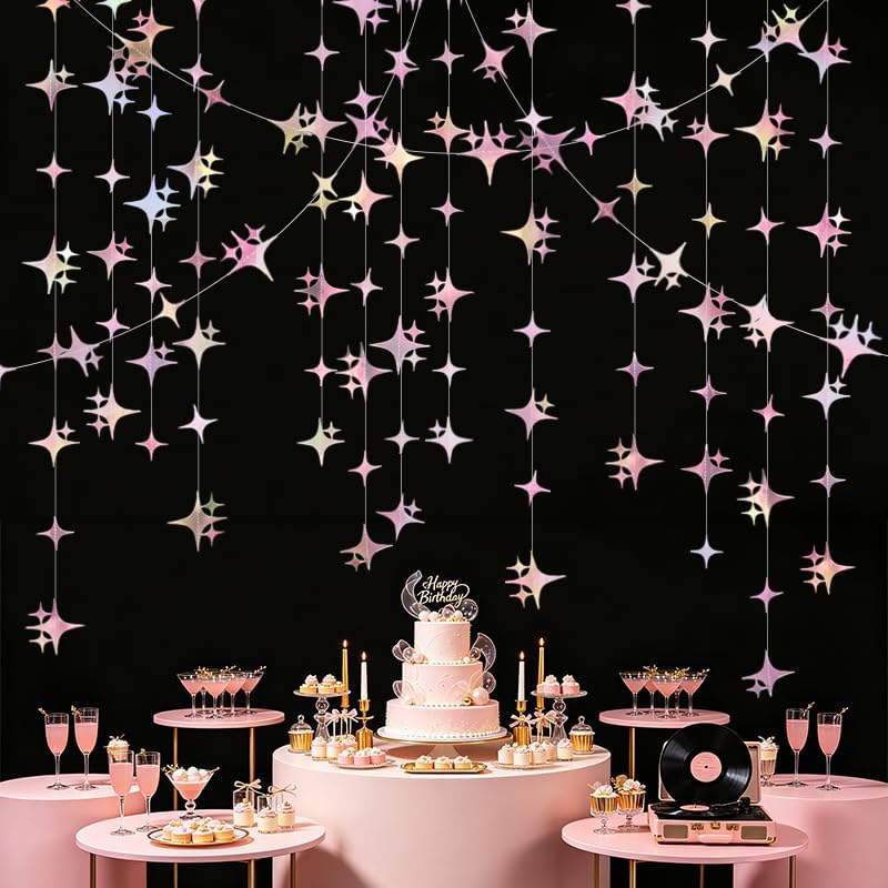 Glitter Iridescent Pink Four-Angle Star Paper Garland Banner 40 Feet Iridescent Pink Twinkle Star Hanging Bunting Banner Backdrop for Wedding Baby Shower Birthday Graduation Disco Party Decorations