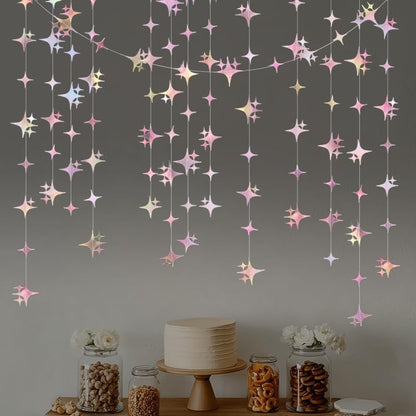 Glitter Iridescent Pink Four-Angle Star Paper Garland Banner 40 Feet Iridescent Pink Twinkle Star Hanging Bunting Banner Backdrop for Wedding Baby Shower Birthday Graduation Disco Party Decorations