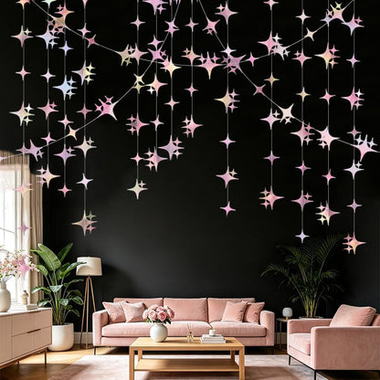 Glitter Iridescent Pink Four-Angle Star Paper Garland Banner 40 Feet Iridescent Pink Twinkle Star Hanging Bunting Banner Backdrop for Wedding Baby Shower Birthday Graduation Disco Party Decorations