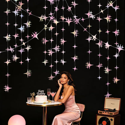 Glitter Iridescent Pink Four-Angle Star Paper Garland Banner 40 Feet Iridescent Pink Twinkle Star Hanging Bunting Banner Backdrop for Wedding Baby Shower Birthday Graduation Disco Party Decorations