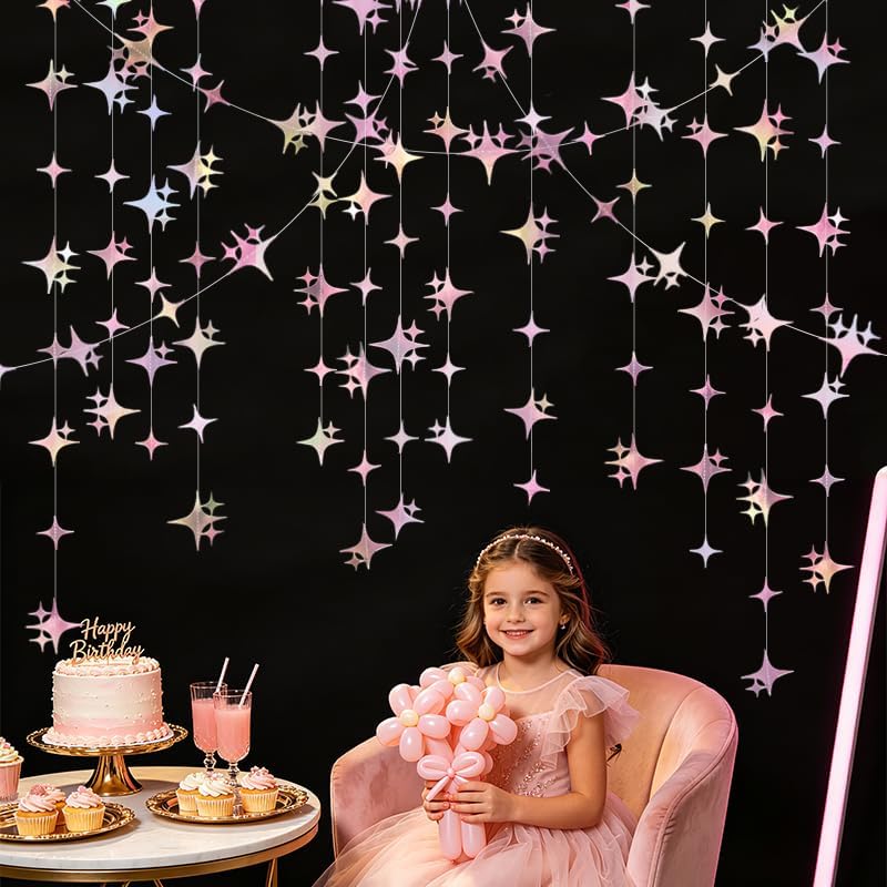 Glitter Iridescent Pink Four-Angle Star Paper Garland Banner 40 Feet Iridescent Pink Twinkle Star Hanging Bunting Banner Backdrop for Wedding Baby Shower Birthday Graduation Disco Party Decorations