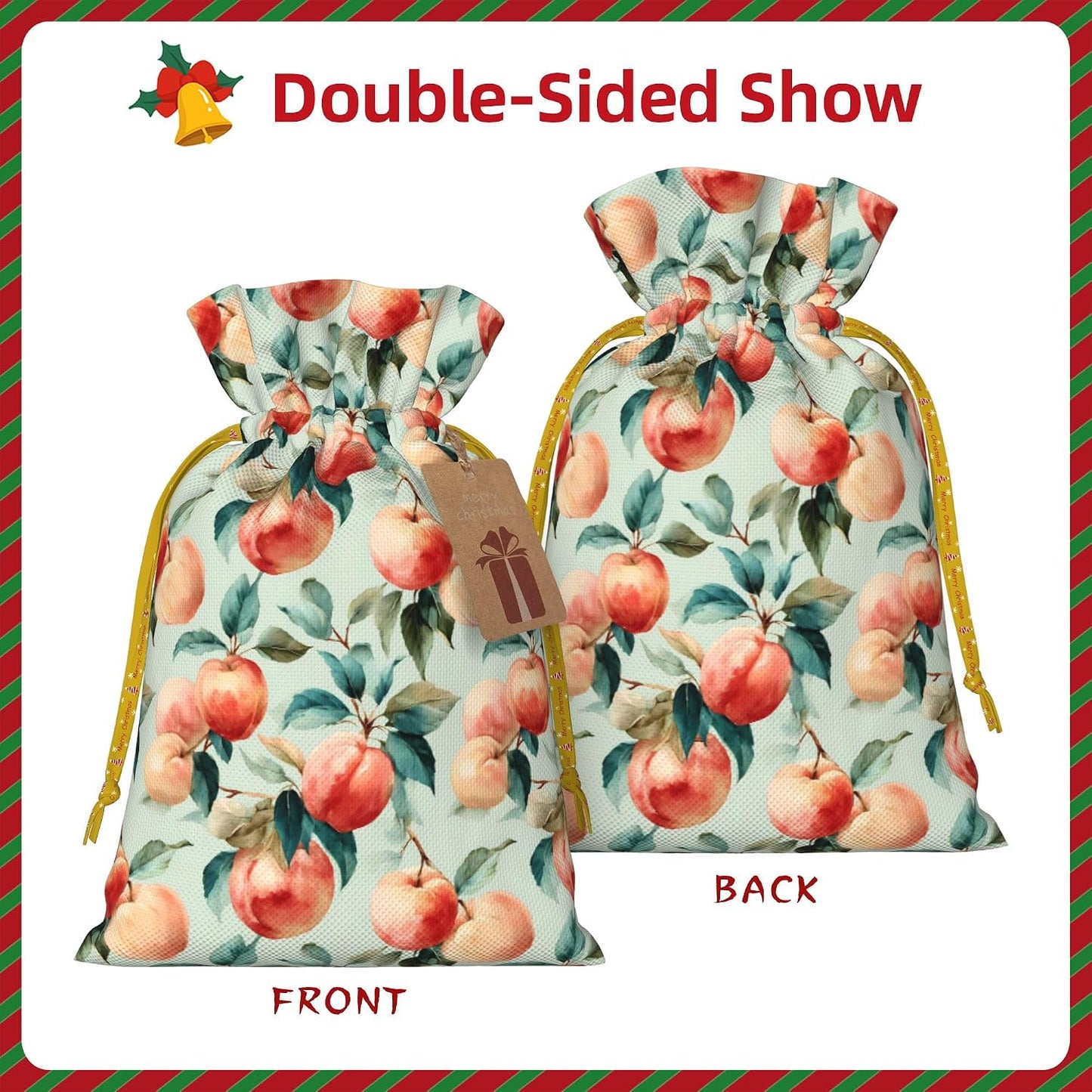 Qewfoju Fruits Peach 1 Pattern Holiday Gift Bags Christmas Burlap Gift Bags Drawstring for Wedding Party Favors Xmas Gifts Couple Shower Small