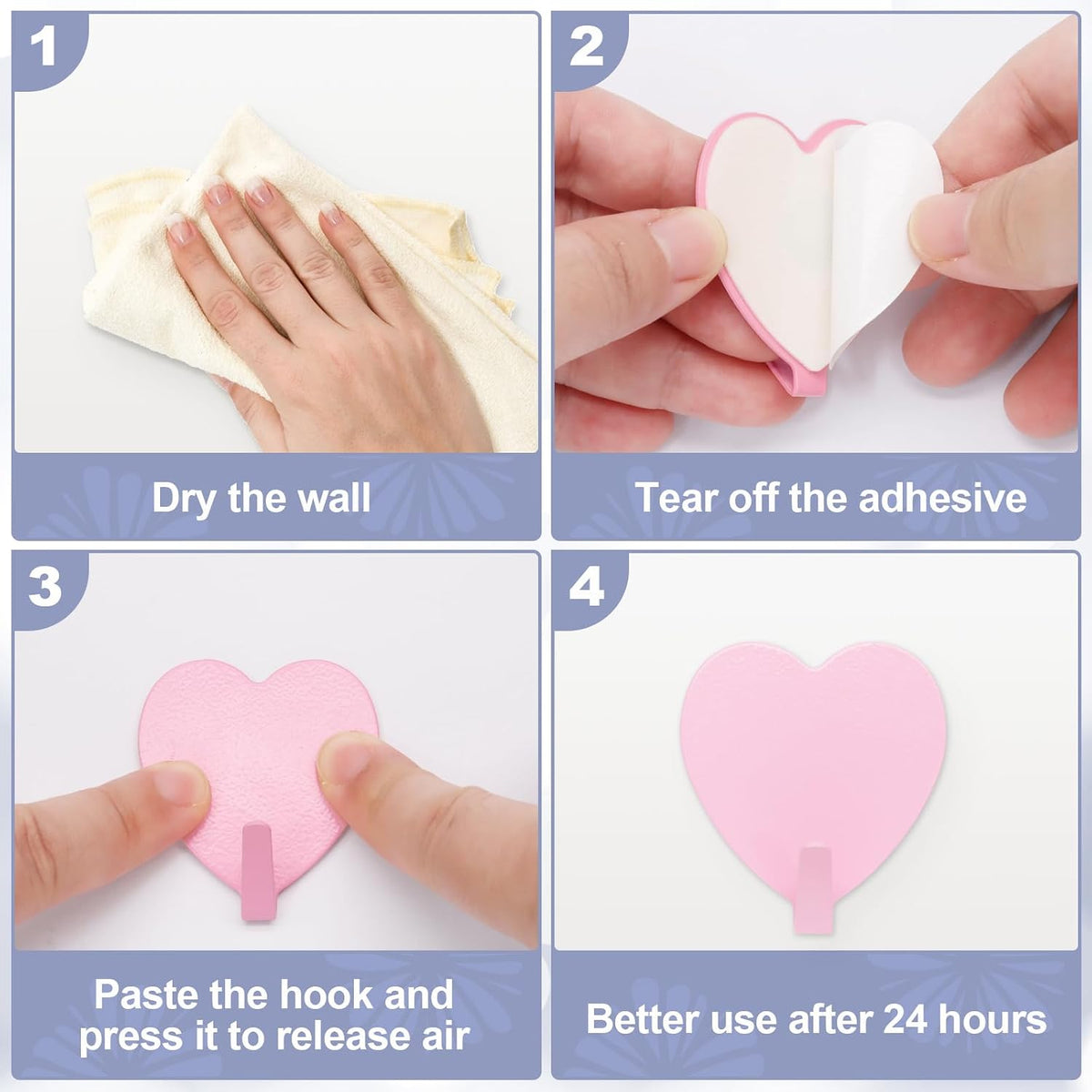 8PCS Heart Shaped Wall Hooks, Self Adhesive Hook Decorative Pink