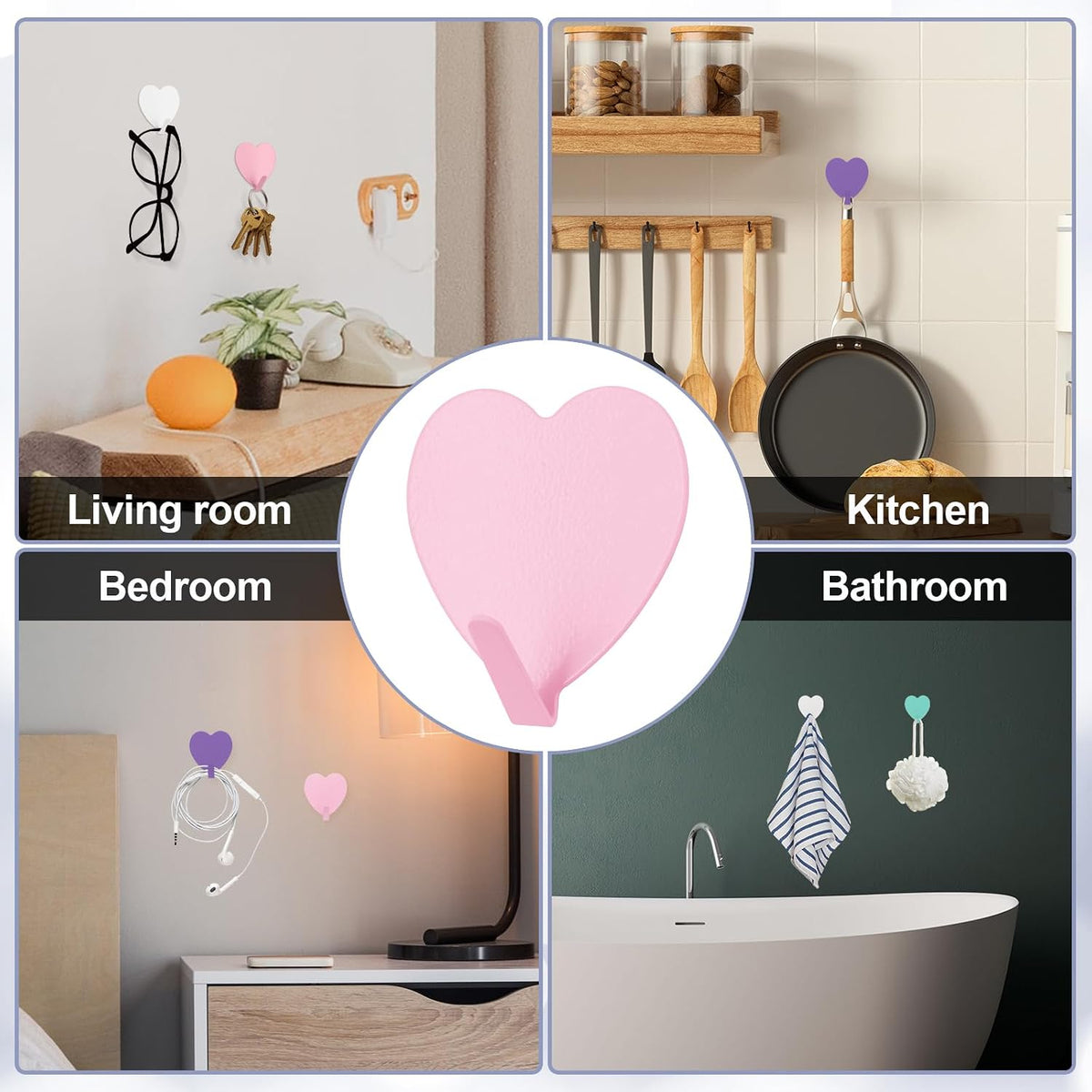 8PCS Heart Shaped Wall Hooks, Self Adhesive Hook Decorative Pink