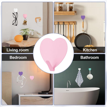 8PCS Heart Shaped Wall Hooks, Self Adhesive Hook Decorative Pink
