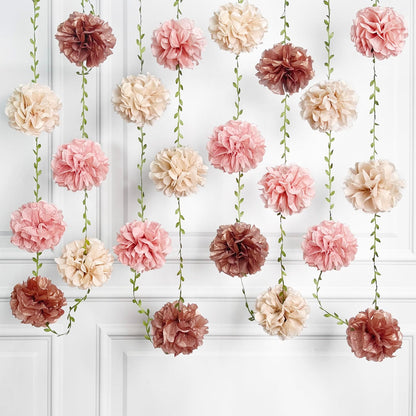 Dusty Pink Party Decorations Rose Gold Dusty Pink Beige Tissue Paper Flowers Pom Pom with Leaf Ribbon Hanging Garland Streamer for Birthday Wedding Shower Bridal Shower Engagement Party Supplies
