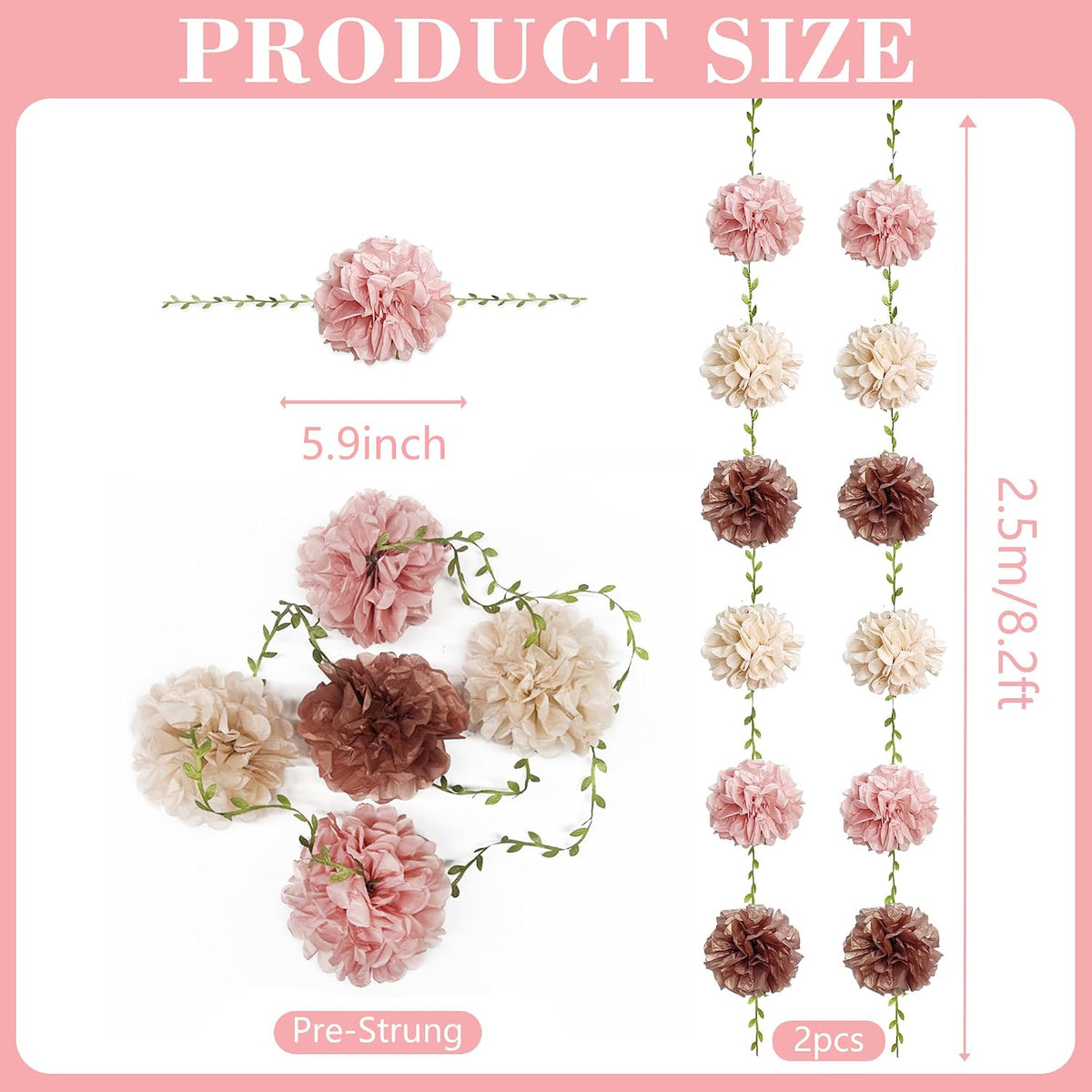 Dusty Pink Party Decorations Rose Gold Dusty Pink Beige Tissue Paper Flowers Pom Pom with Leaf Ribbon Hanging Garland Streamer for Birthday Wedding Shower Bridal Shower Engagement Party Supplies