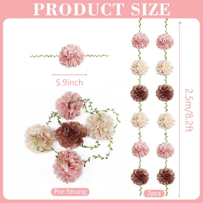 Dusty Pink Party Decorations Rose Gold Dusty Pink Beige Tissue Paper Flowers Pom Pom with Leaf Ribbon Hanging Garland Streamer for Birthday Wedding Shower Bridal Shower Engagement Party Supplies