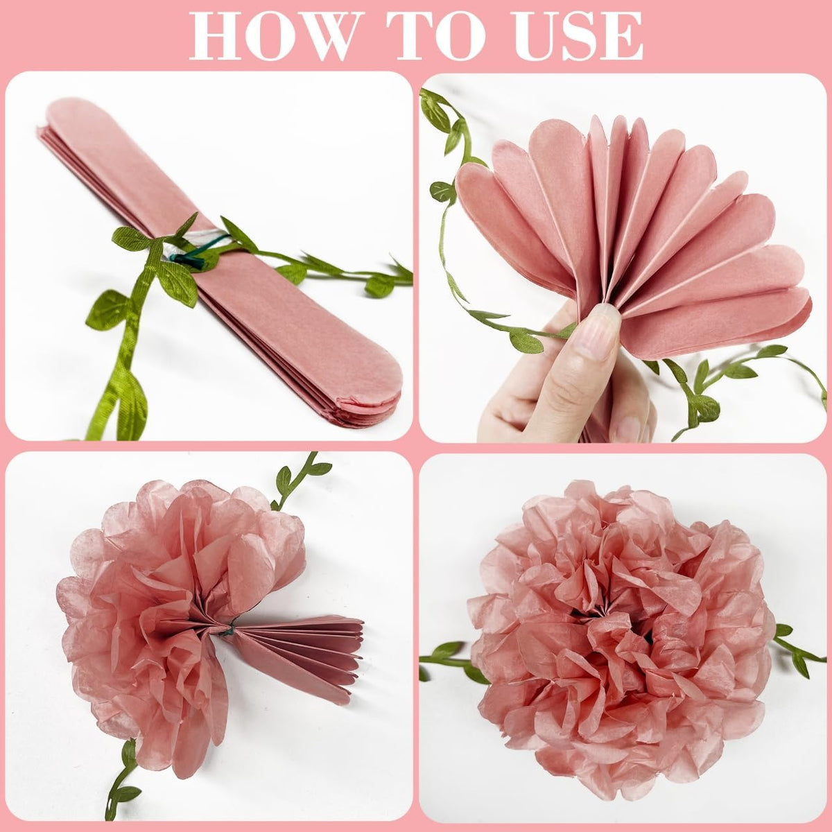 Dusty Pink Party Decorations Rose Gold Dusty Pink Beige Tissue Paper Flowers Pom Pom with Leaf Ribbon Hanging Garland Streamer for Birthday Wedding Shower Bridal Shower Engagement Party Supplies