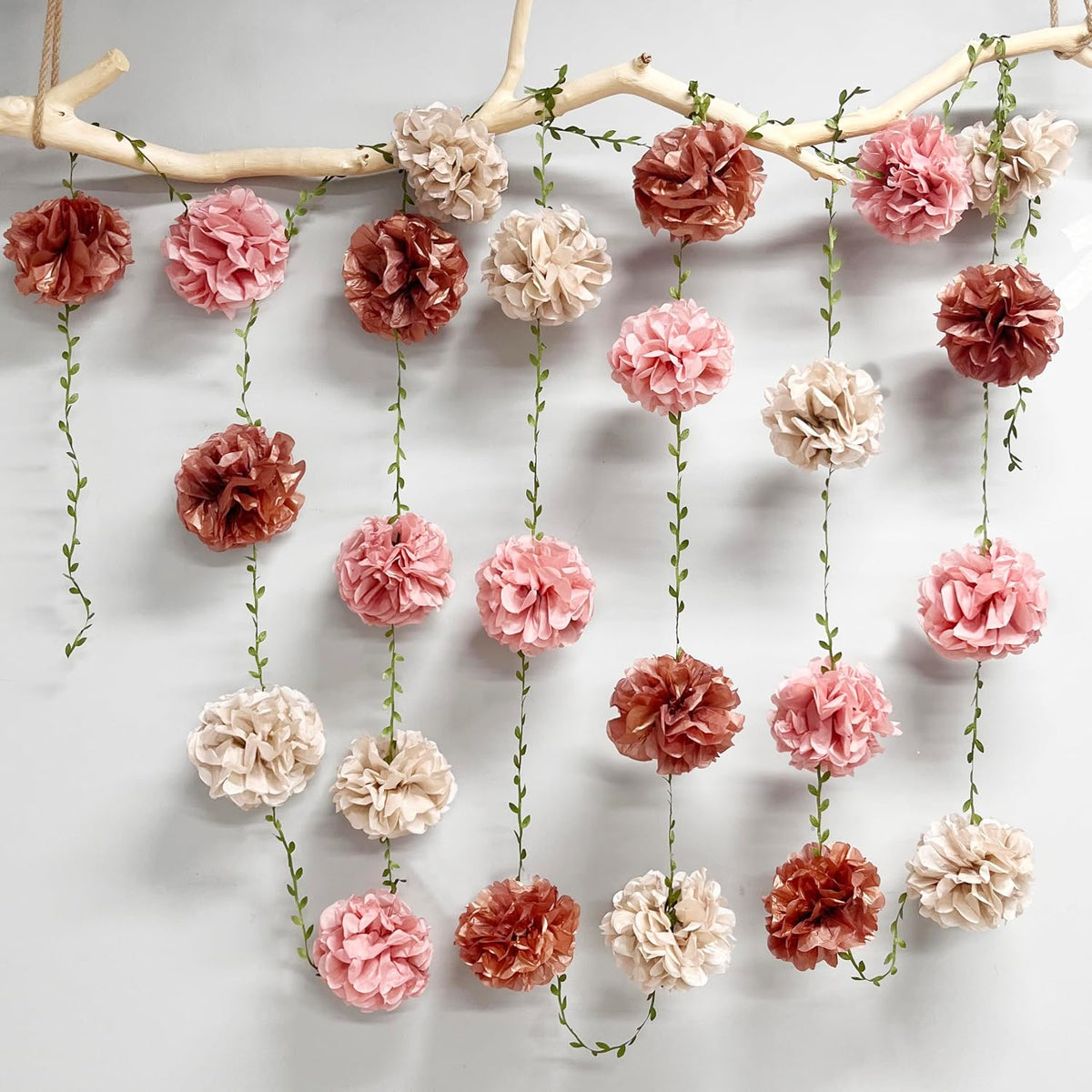 Dusty Pink Party Decorations Rose Gold Dusty Pink Beige Tissue Paper Flowers Pom Pom with Leaf Ribbon Hanging Garland Streamer for Birthday Wedding Shower Bridal Shower Engagement Party Supplies
