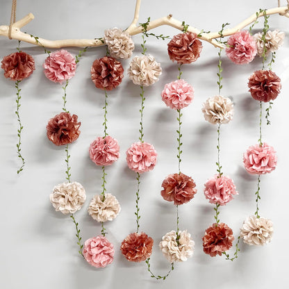 Dusty Pink Party Decorations Rose Gold Dusty Pink Beige Tissue Paper Flowers Pom Pom with Leaf Ribbon Hanging Garland Streamer for Birthday Wedding Shower Bridal Shower Engagement Party Supplies