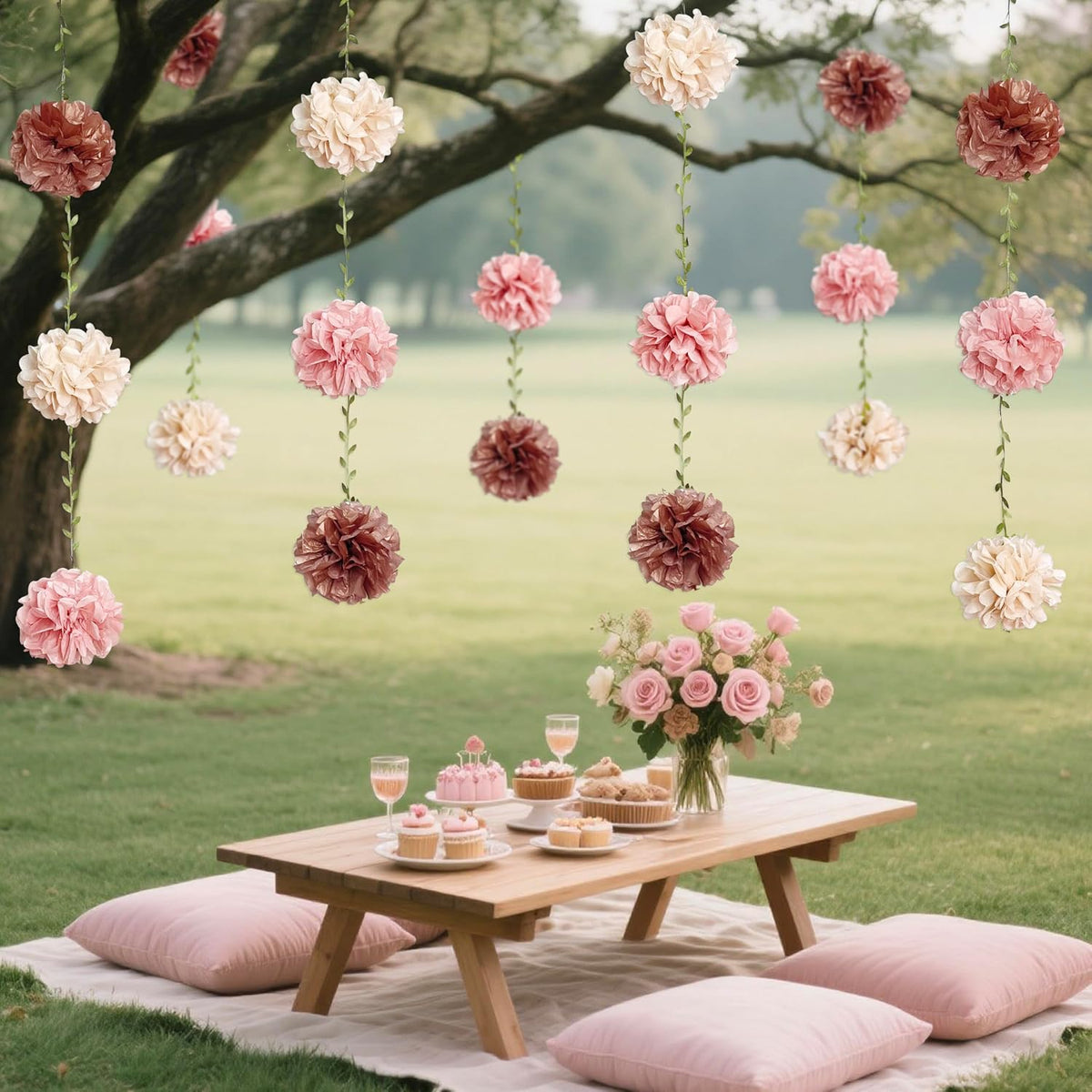 Dusty Pink Party Decorations Rose Gold Dusty Pink Beige Tissue Paper Flowers Pom Pom with Leaf Ribbon Hanging Garland Streamer for Birthday Wedding Shower Bridal Shower Engagement Party Supplies