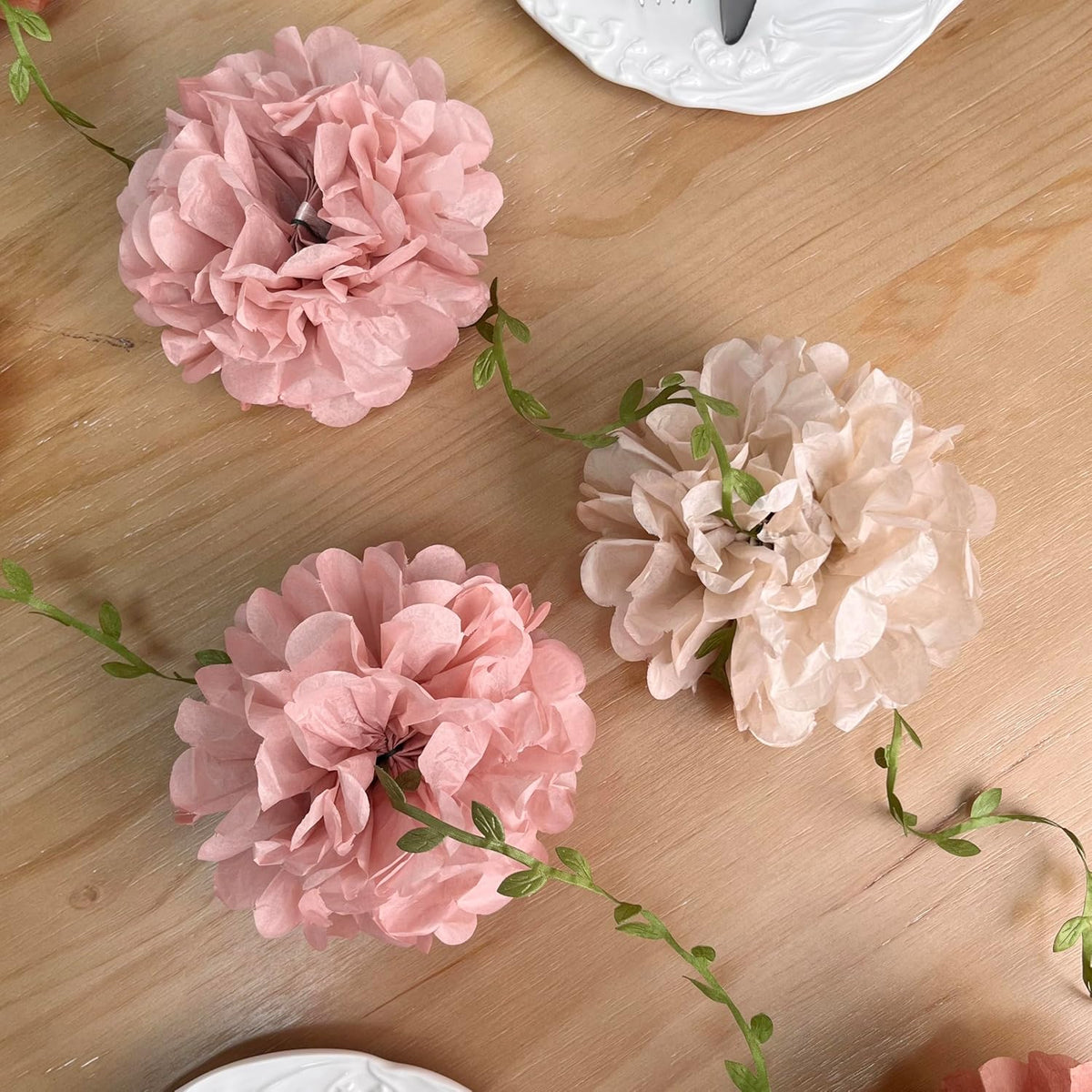 Dusty Pink Party Decorations Rose Gold Dusty Pink Beige Tissue Paper Flowers Pom Pom with Leaf Ribbon Hanging Garland Streamer for Birthday Wedding Shower Bridal Shower Engagement Party Supplies