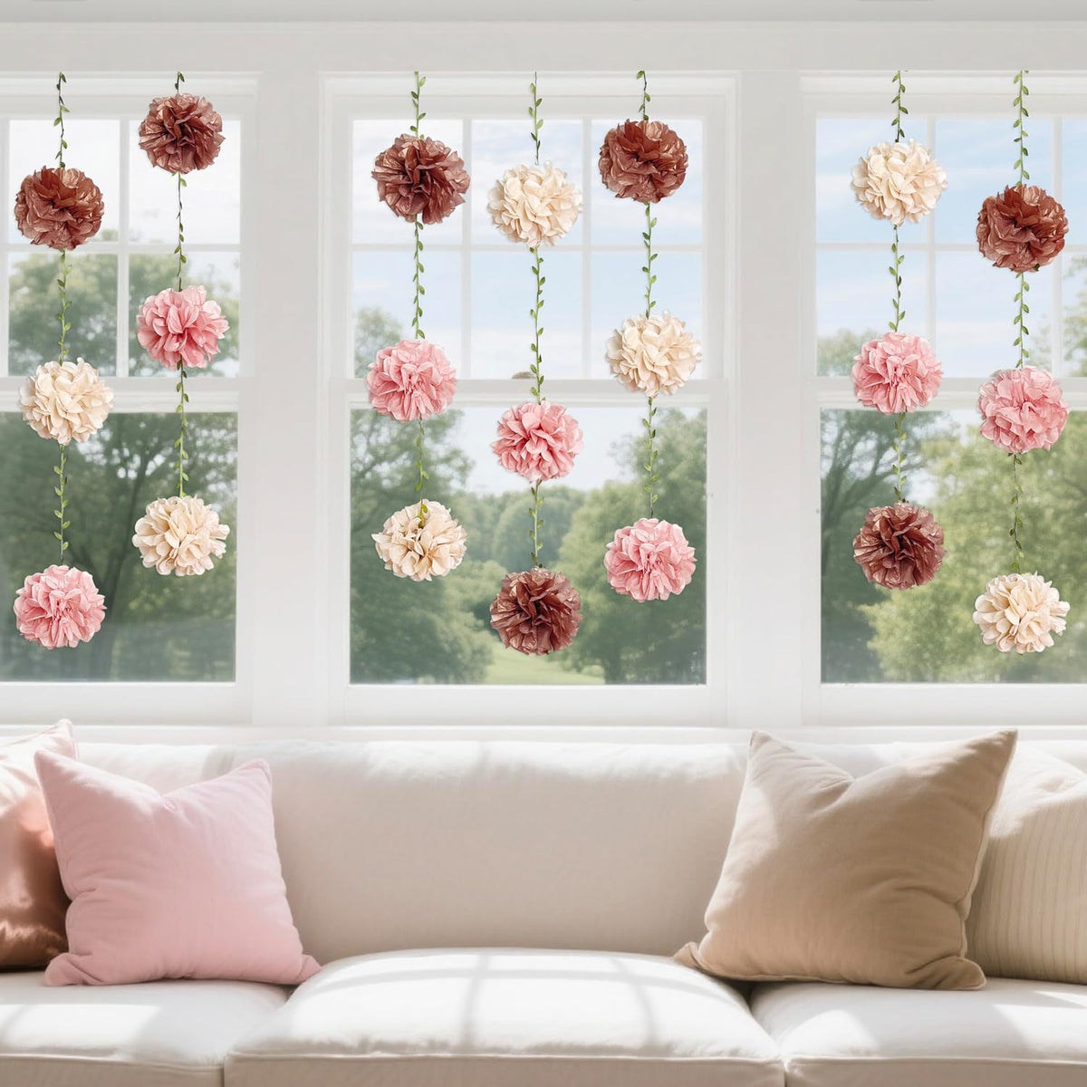 Dusty Pink Party Decorations Rose Gold Dusty Pink Beige Tissue Paper Flowers Pom Pom with Leaf Ribbon Hanging Garland Streamer for Birthday Wedding Shower Bridal Shower Engagement Party Supplies