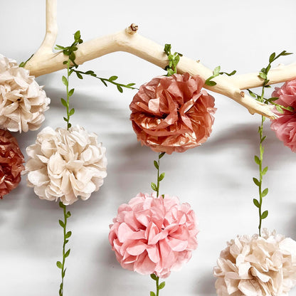 Dusty Pink Party Decorations Rose Gold Dusty Pink Beige Tissue Paper Flowers Pom Pom with Leaf Ribbon Hanging Garland Streamer for Birthday Wedding Shower Bridal Shower Engagement Party Supplies