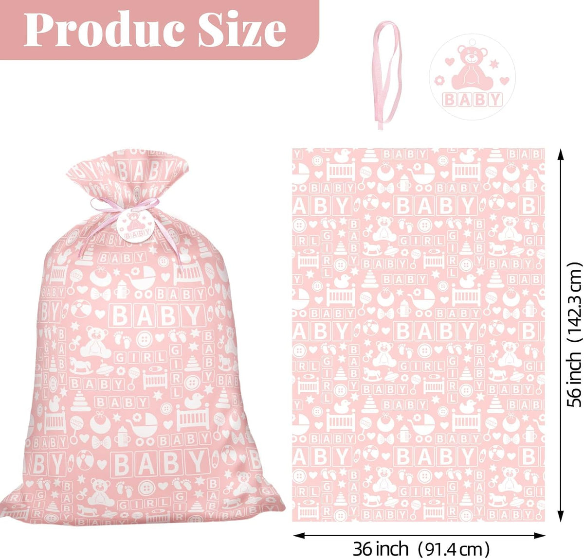 56 Inch Extra Large Pink Plastic Gift Bag for Baby Girls