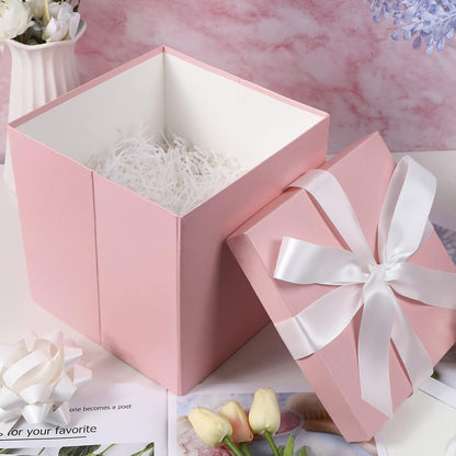 Medium Birthday Gift Box with Lids, Ribbon and Tissue Paper, Collapsible Gift Box - 1 Pcs, 10x10x10 Inches, Pink