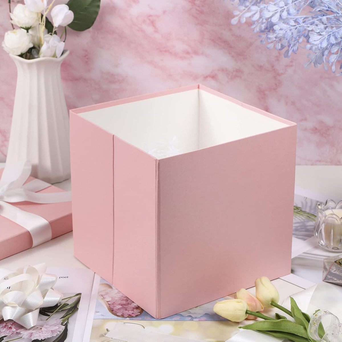 Medium Birthday Gift Box with Lids, Ribbon and Tissue Paper, Collapsible Gift Box - 1 Pcs, 10x10x10 Inches, Pink