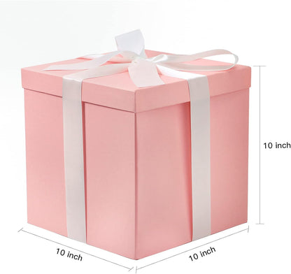 Medium Birthday Gift Box with Lids, Ribbon and Tissue Paper, Collapsible Gift Box - 1 Pcs, 10x10x10 Inches, Pink