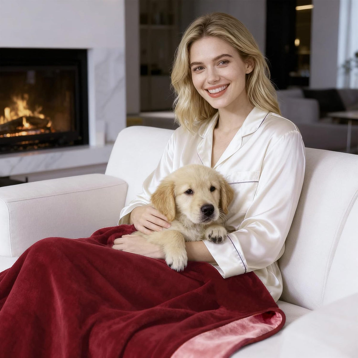 Reversible Waterproof Blanket for Bed Couch Sofa, 40x60, Burgundy/Pink