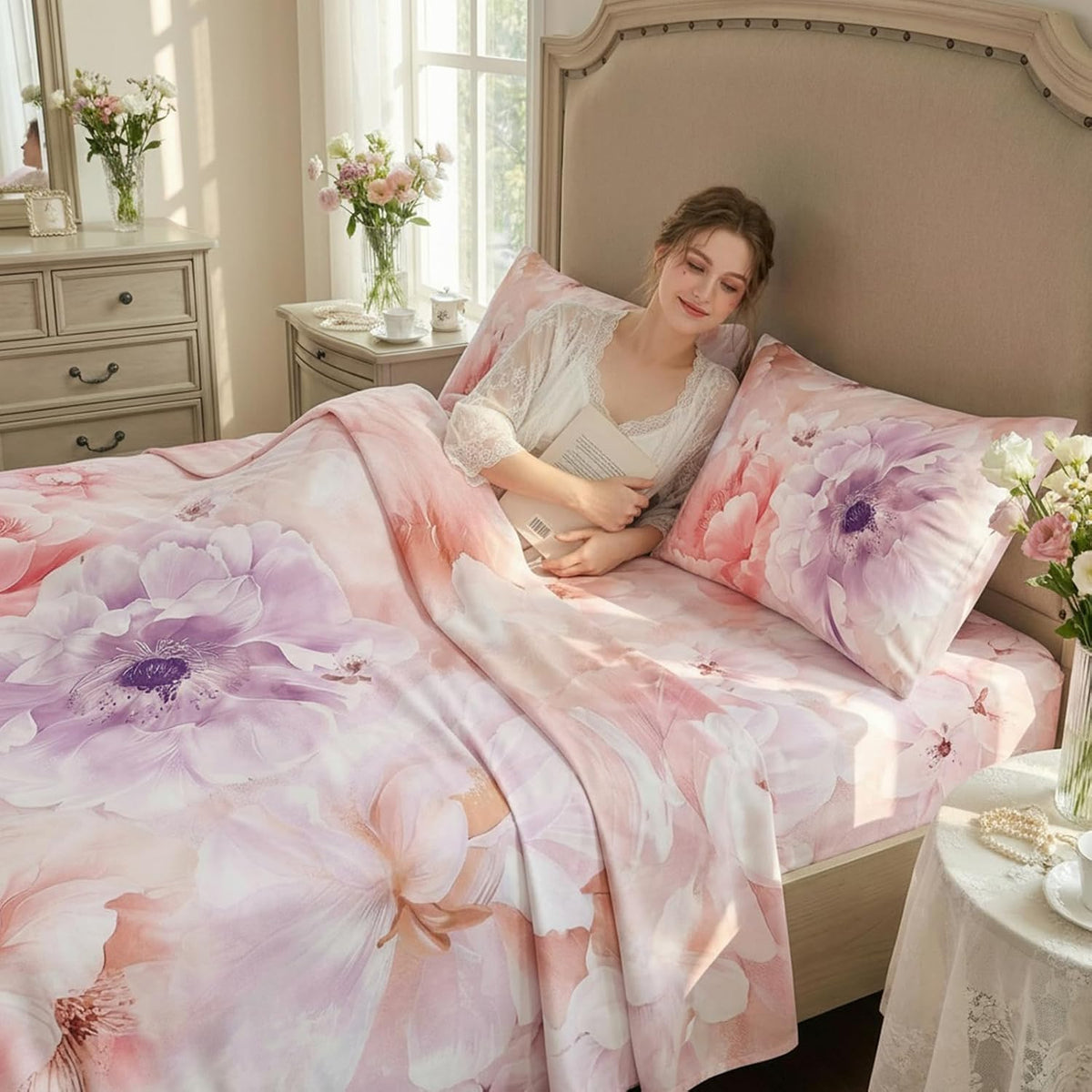 Floral Bed Sheet Set, Queen Size, 4PC