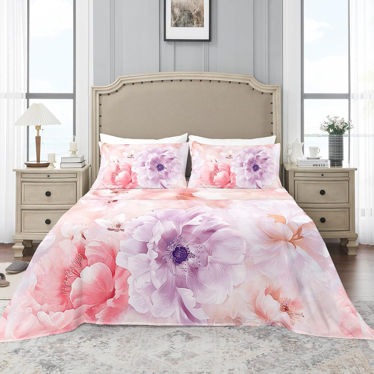 Floral Bed Sheet Set, Queen Size, 4PC